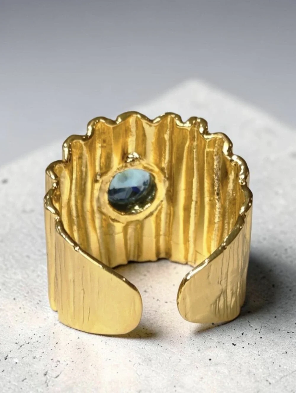 24k Gold Plated Artisan Wide Pleated Band Aquamarine Crystal Statememt Ring
